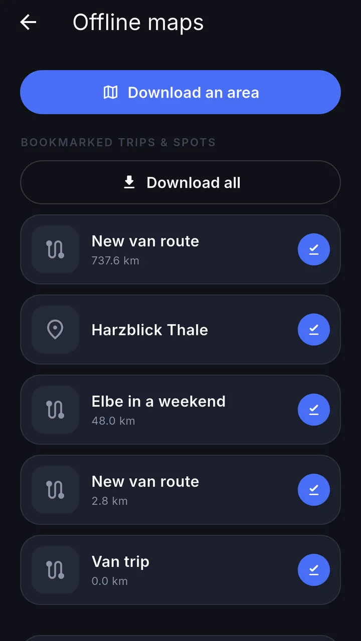Offline maps in ilovay: downloaded areas and saved trips listed for use without a signal