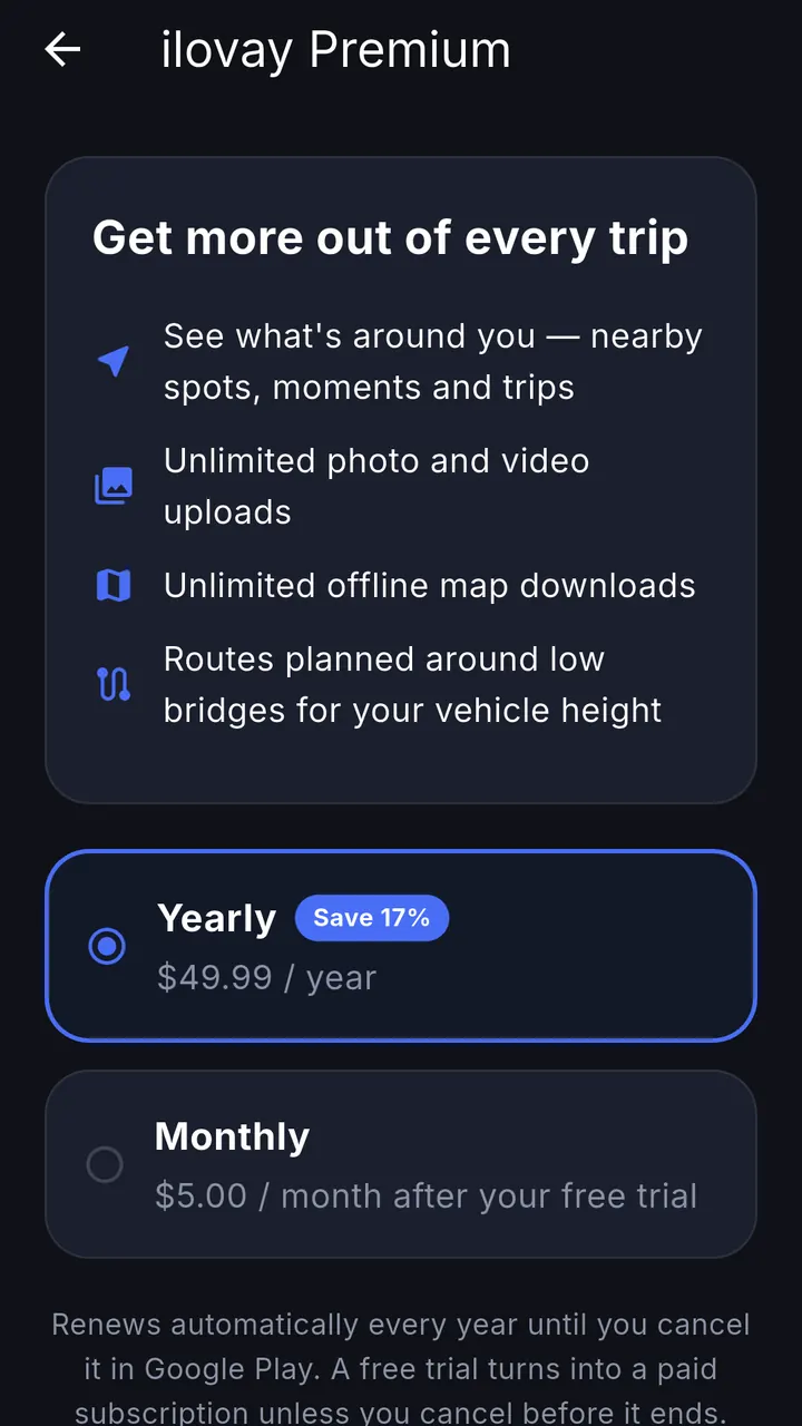 The ilovay Premium screen, listing what the subscription adds and the monthly and yearly plans