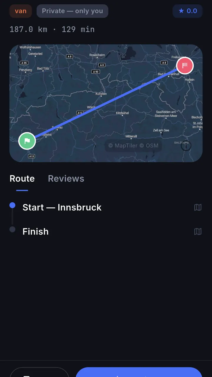 A saved van route in ilovay: 187 km, 129 minutes, start and finish stops listed